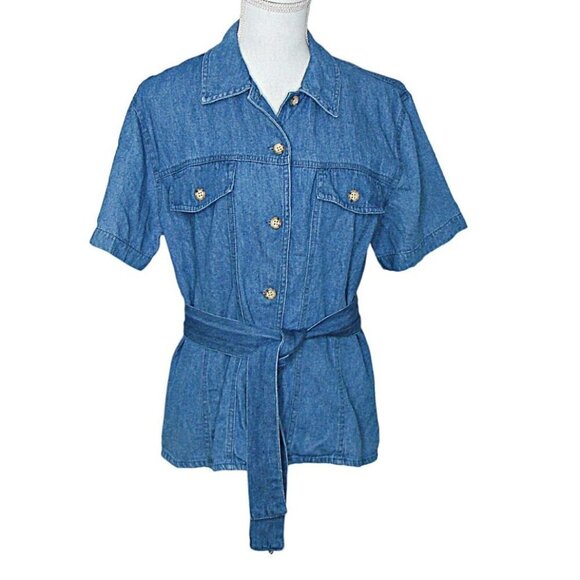 Vintage Stonebridge Denim Button Up Top Shirt Lightwash Wasit Tie Short Sleeve M - Picture 1 of 8